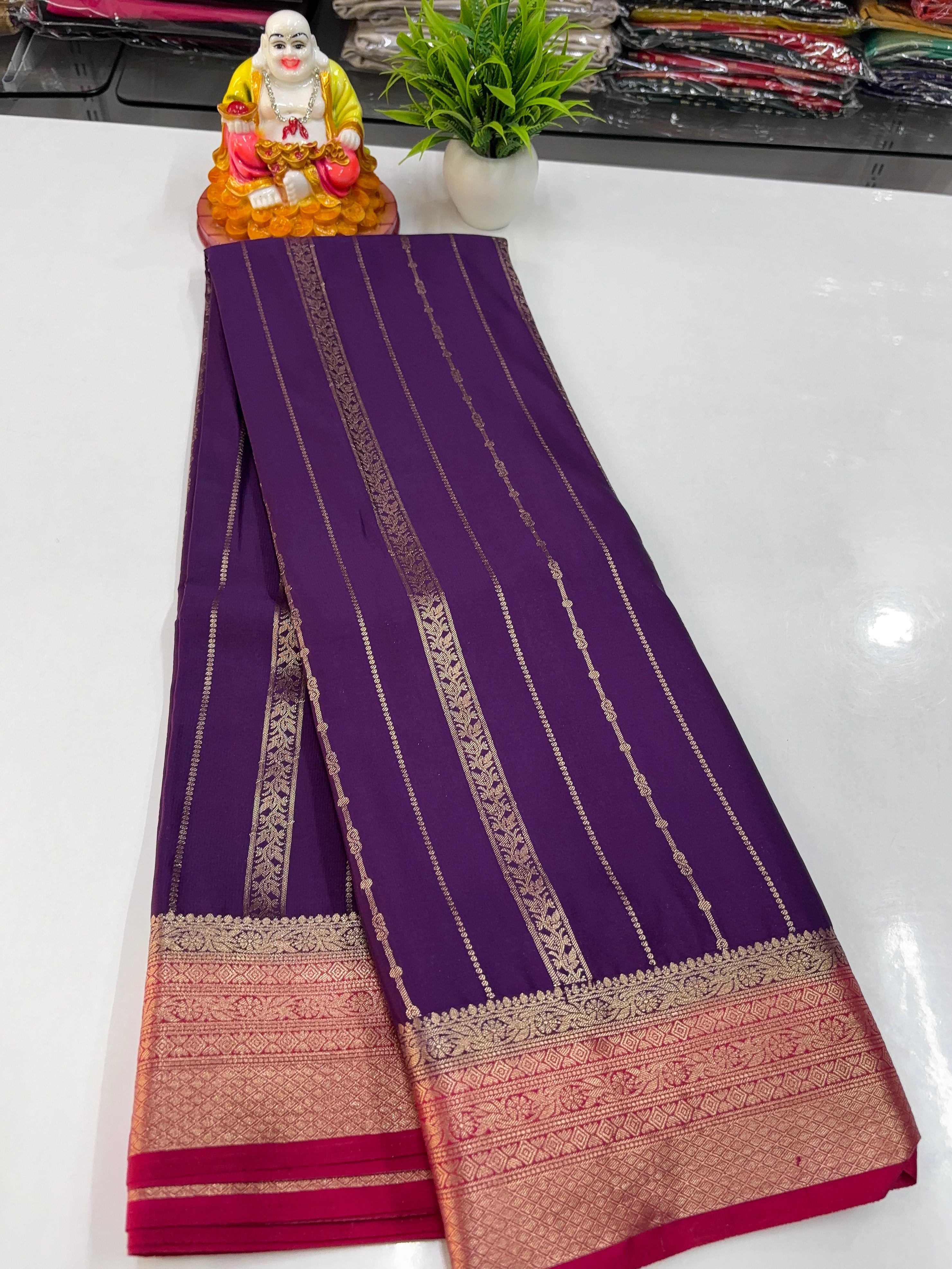 Premium Mysore Crepe Silk Saree with Golden Zari Stripes – By Padmavathi Silks and Sarees
