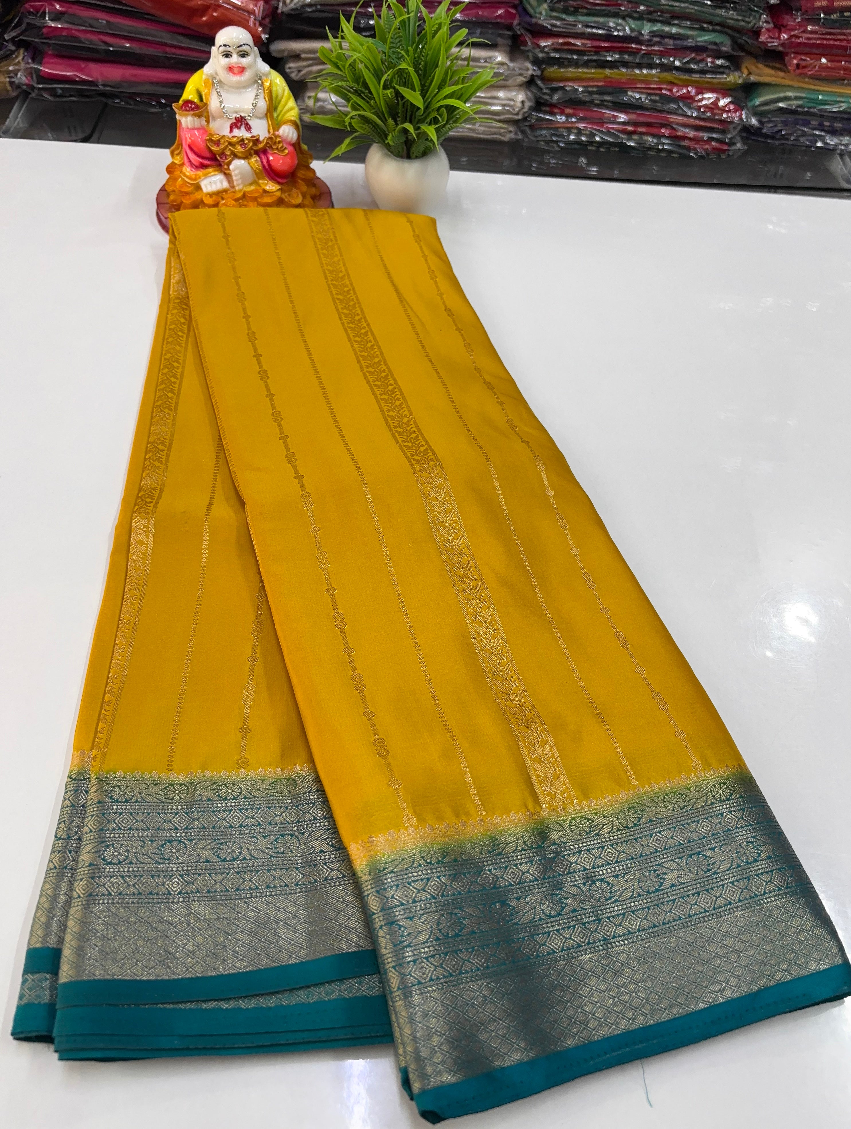 Premium Mysore Crepe Silk Saree with Golden Zari Stripes – By Padmavathi Silks and Sarees