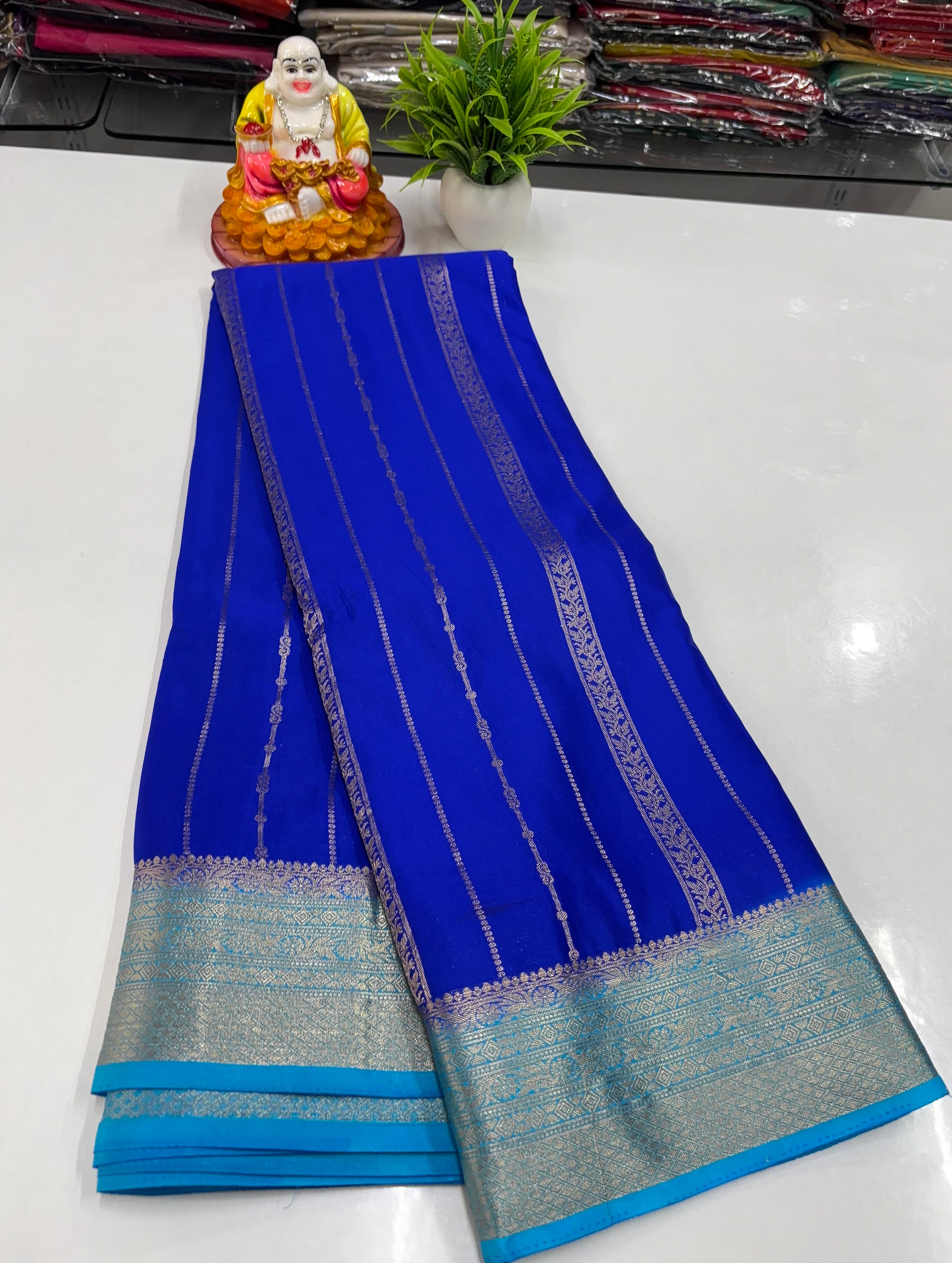 Premium Mysore Crepe Silk Saree with Golden Zari Stripes – By Padmavathi Silks and Sarees