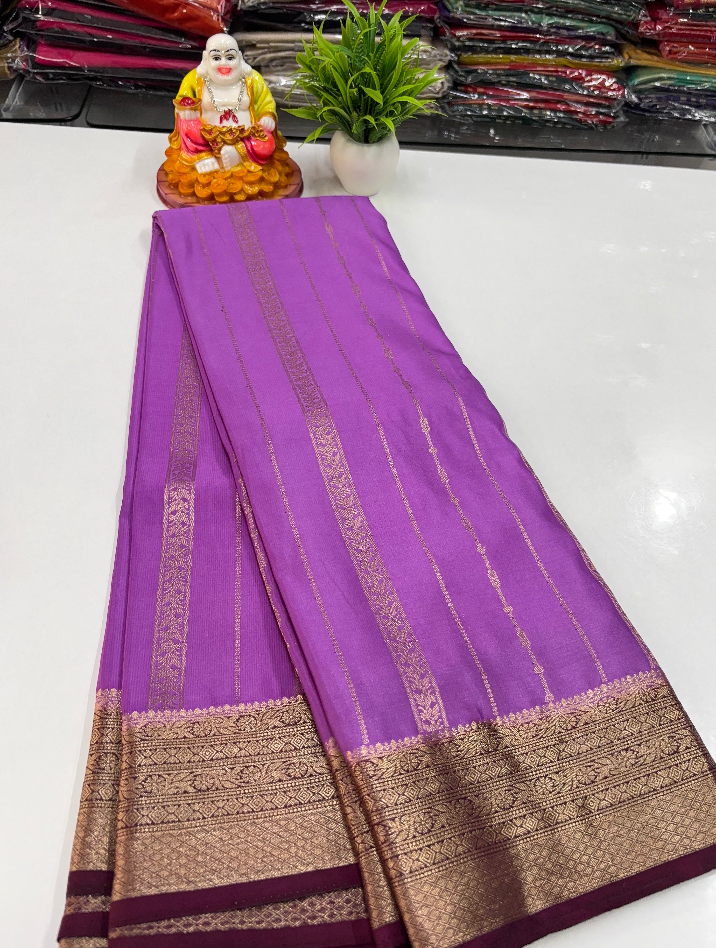 Premium Mysore Crepe Silk Saree with Golden Zari Stripes – By Padmavathi Silks and Sarees