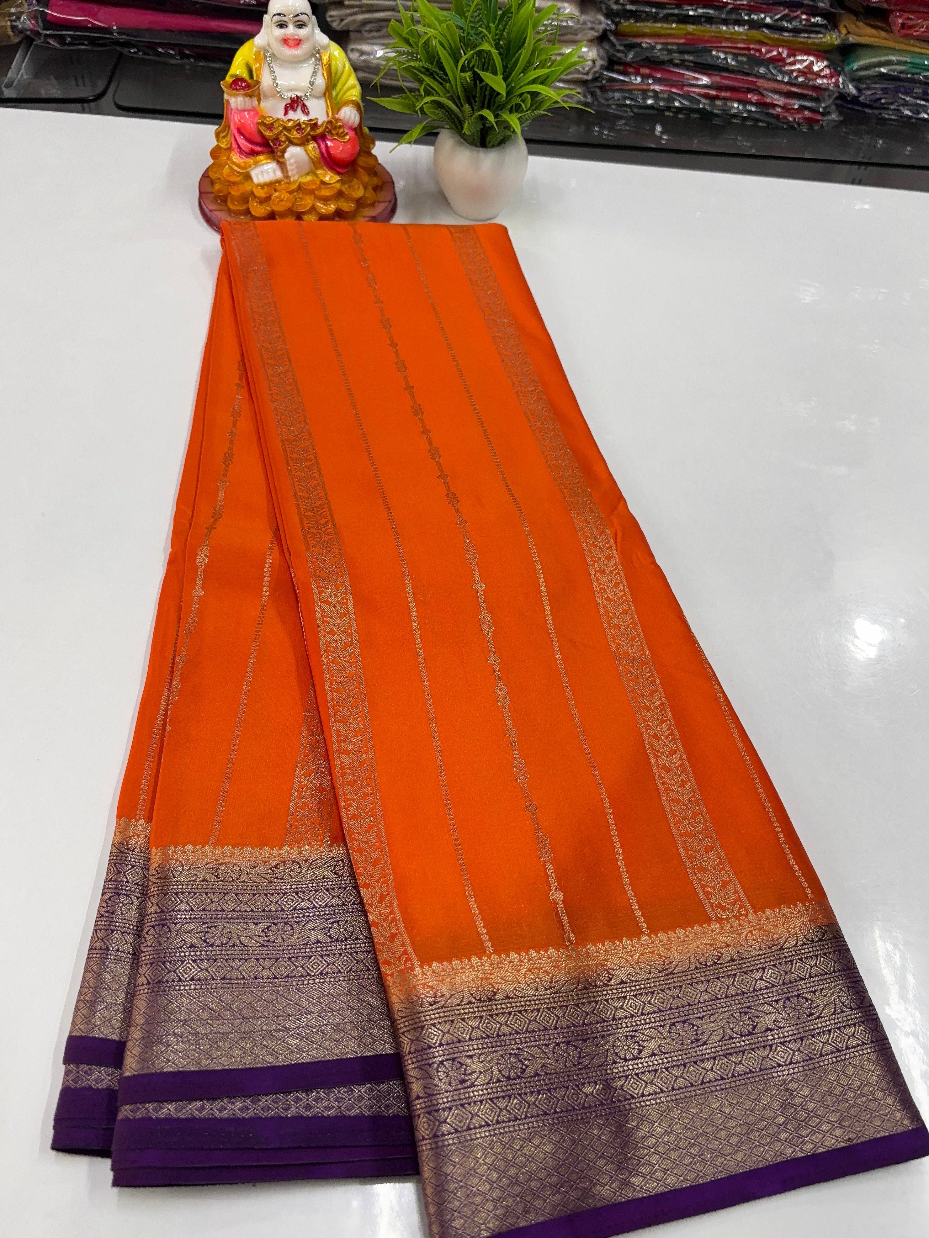 Premium Mysore Crepe Silk Saree with Golden Zari Stripes – By Padmavathi Silks and Sarees