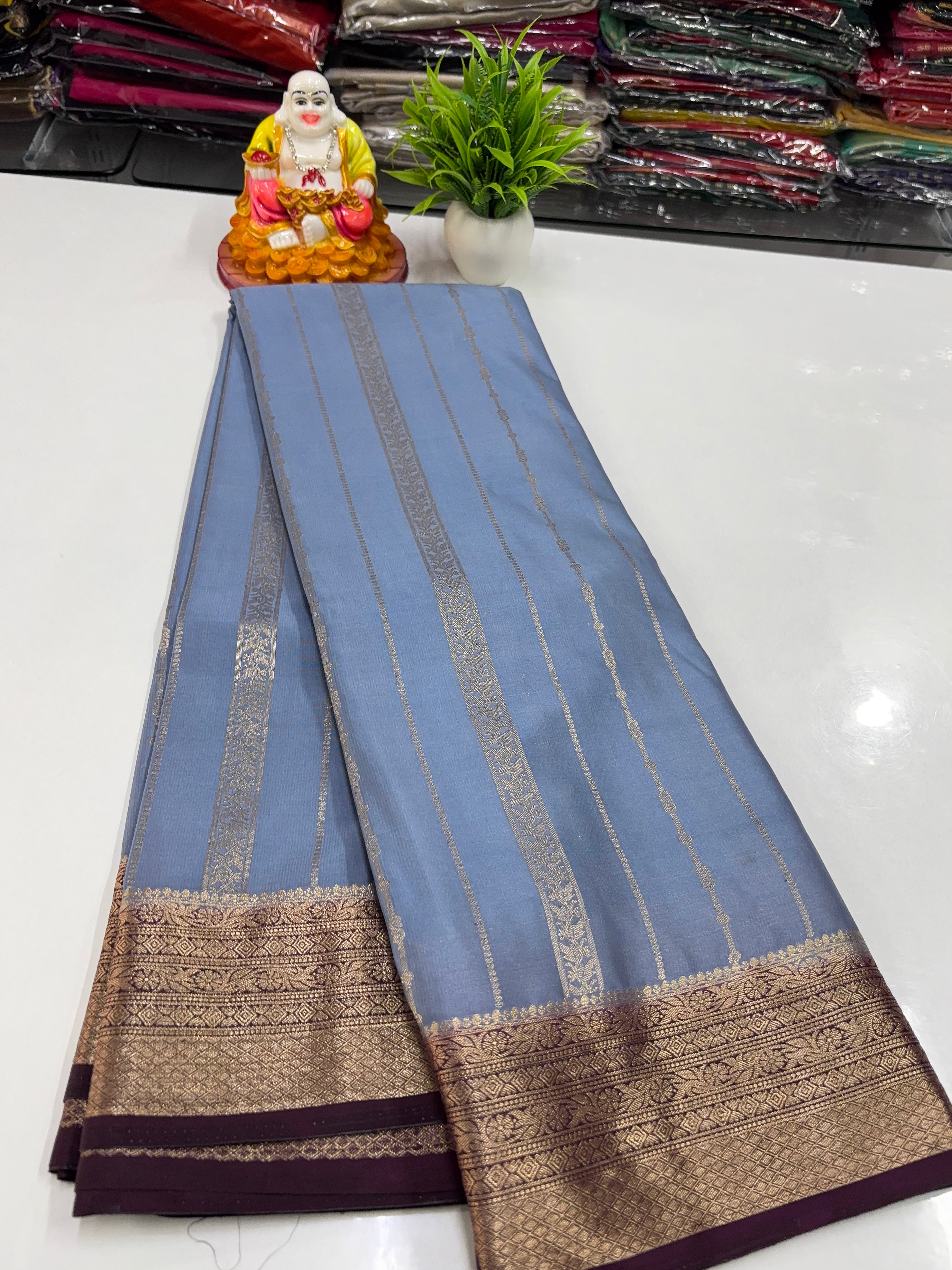 Premium Mysore Crepe Silk Saree with Golden Zari Stripes – By Padmavathi Silks and Sarees