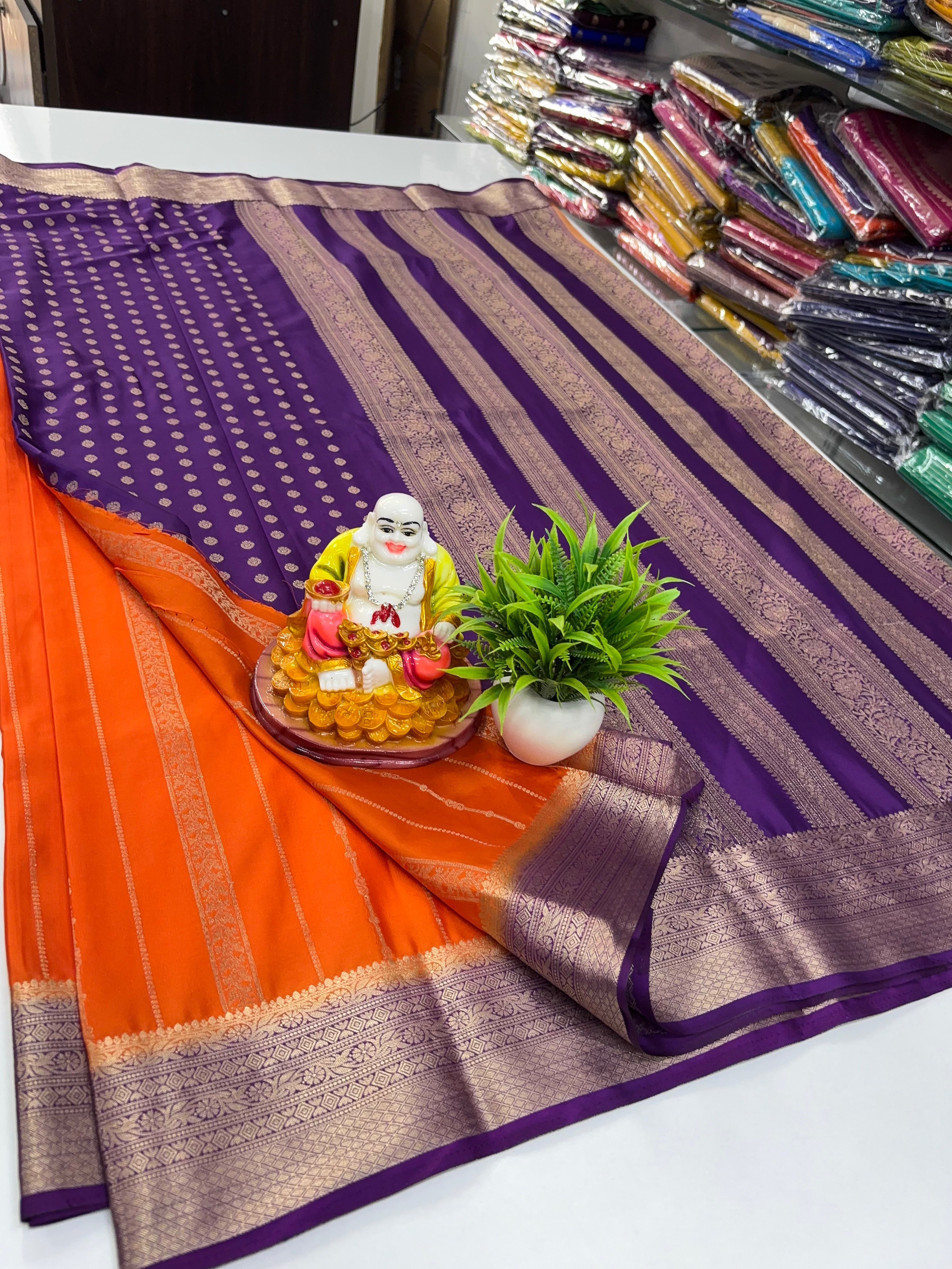 Premium Mysore Crepe Silk Saree with Golden Zari Stripes – By Padmavathi Silks and Sarees