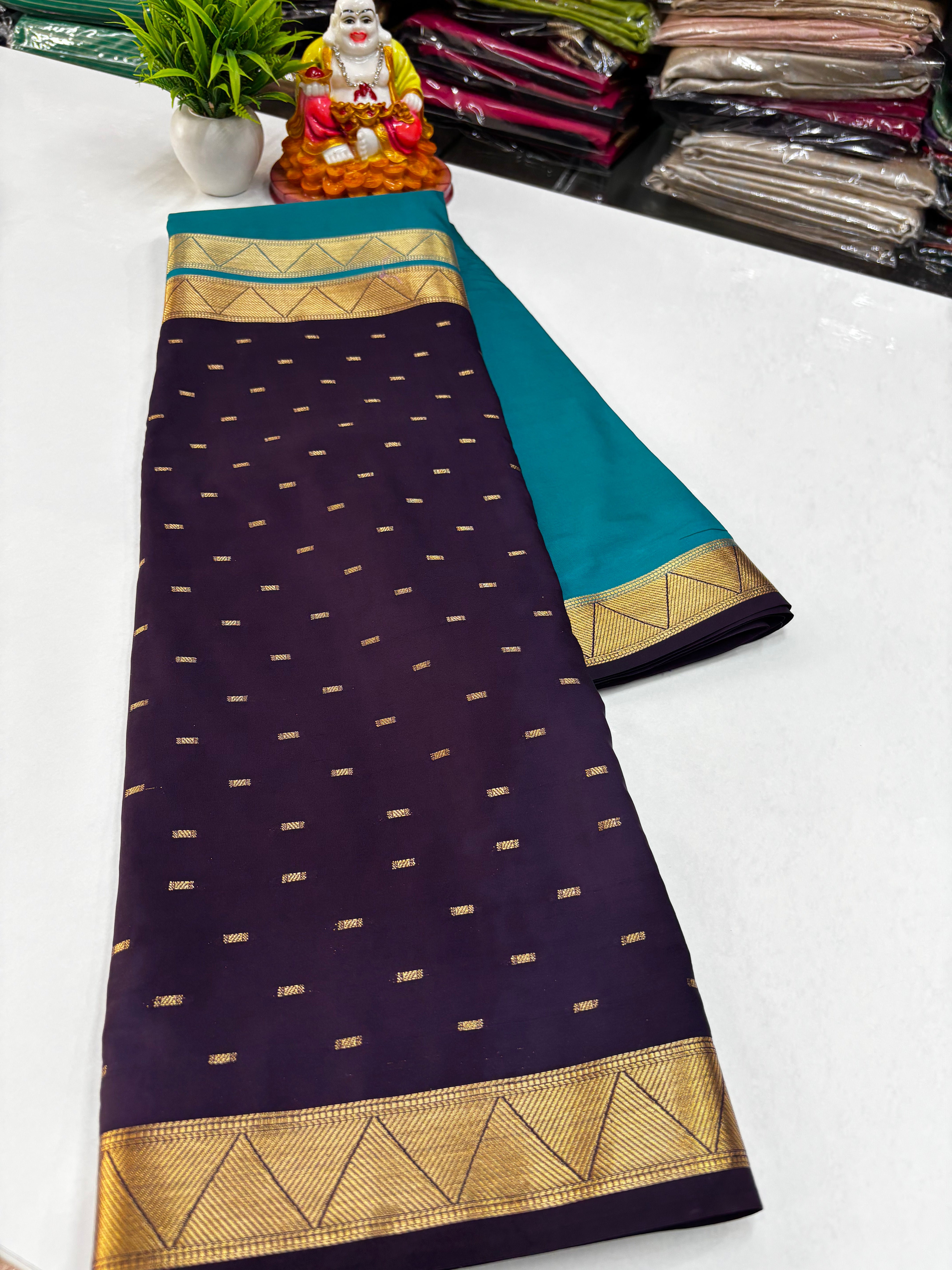Mysore Crepe Silk Saree with Elegant Half & Half Design and Beautiful Butta Work