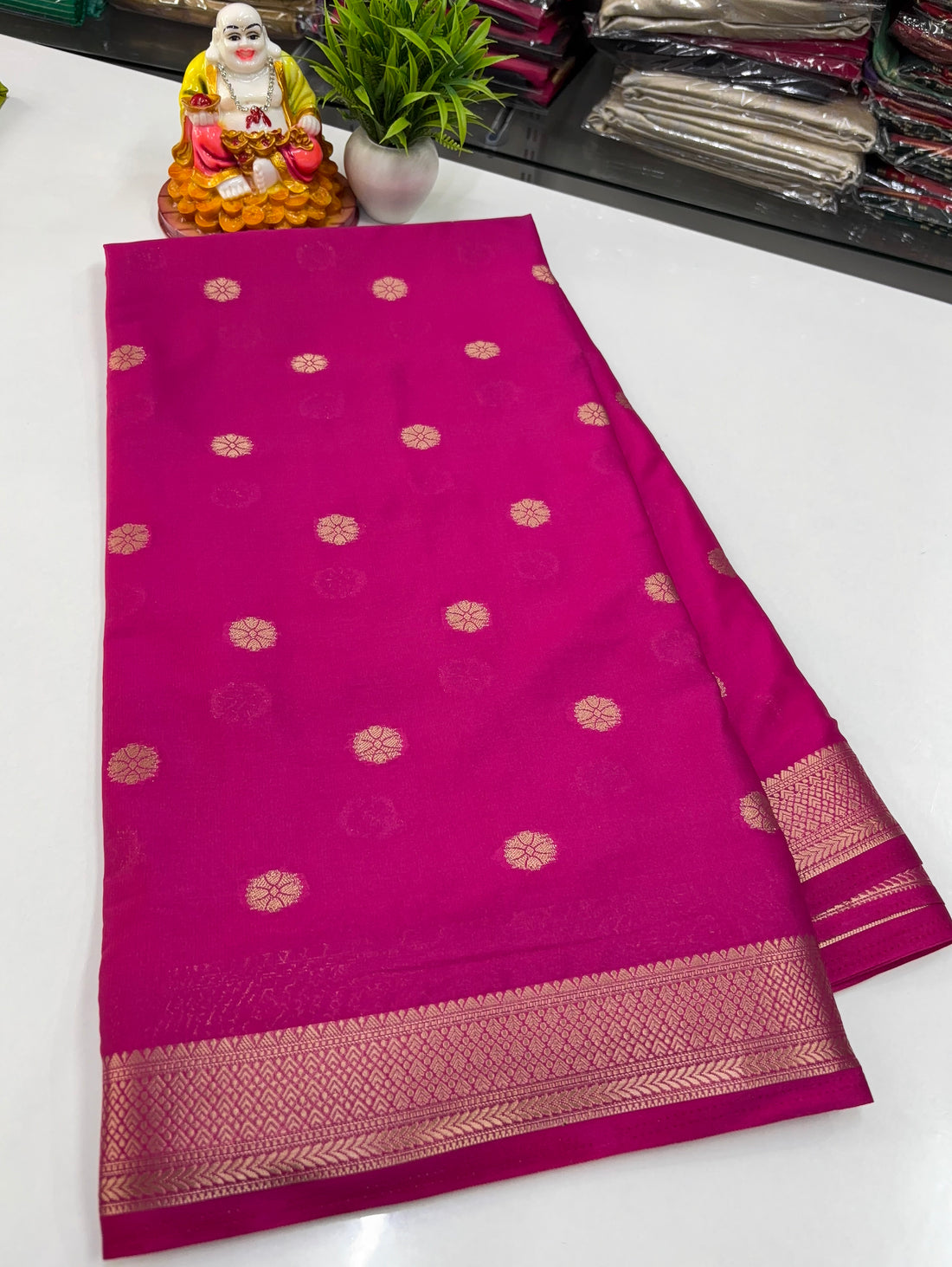 Mysore Crepe Silk Saree with Beautiful Flower Buttas – Padmavathi Silks & Sarees