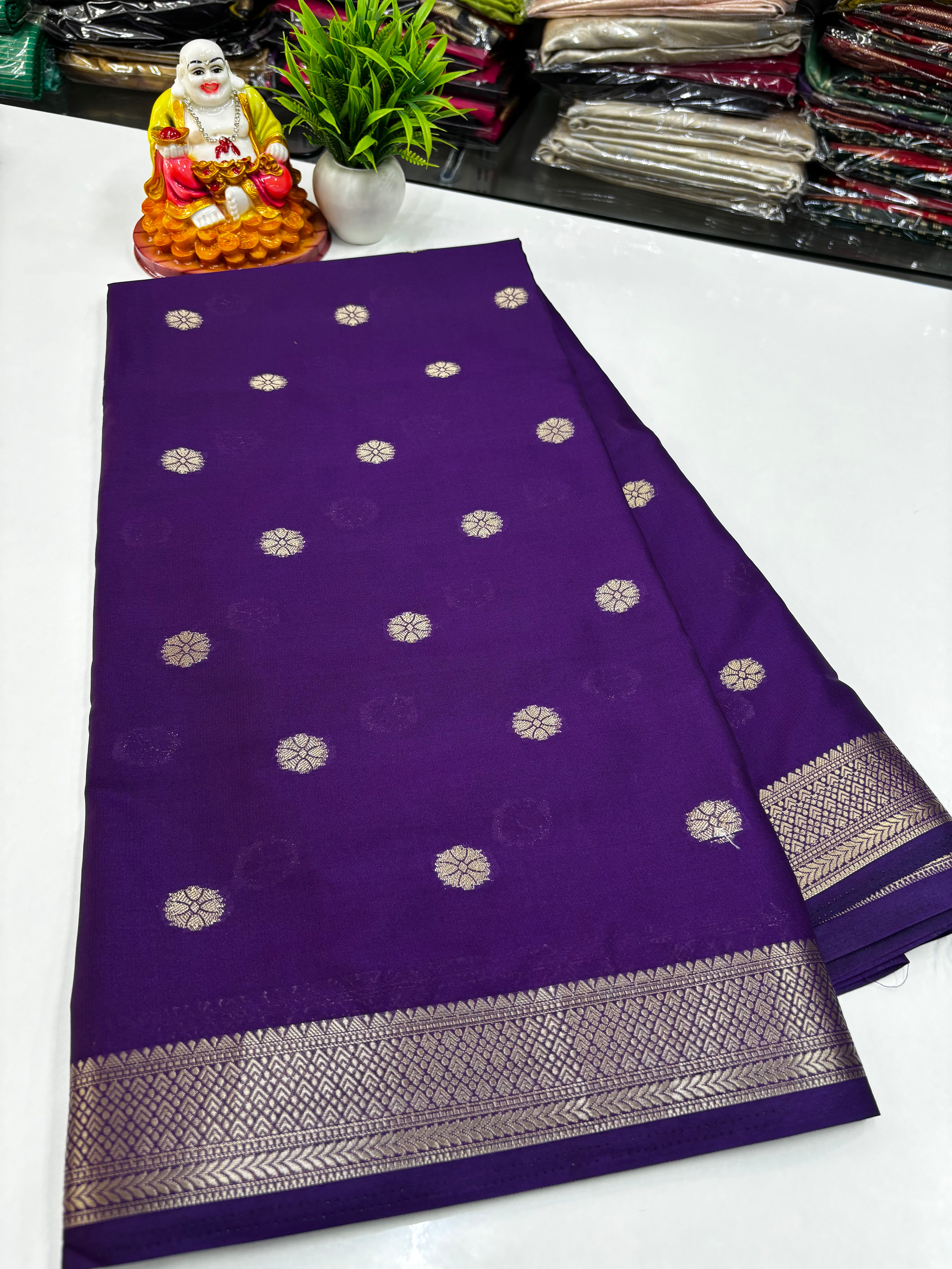 Mysore Crepe Silk Saree with Beautiful Flower Buttas – Padmavathi Silks & Sarees