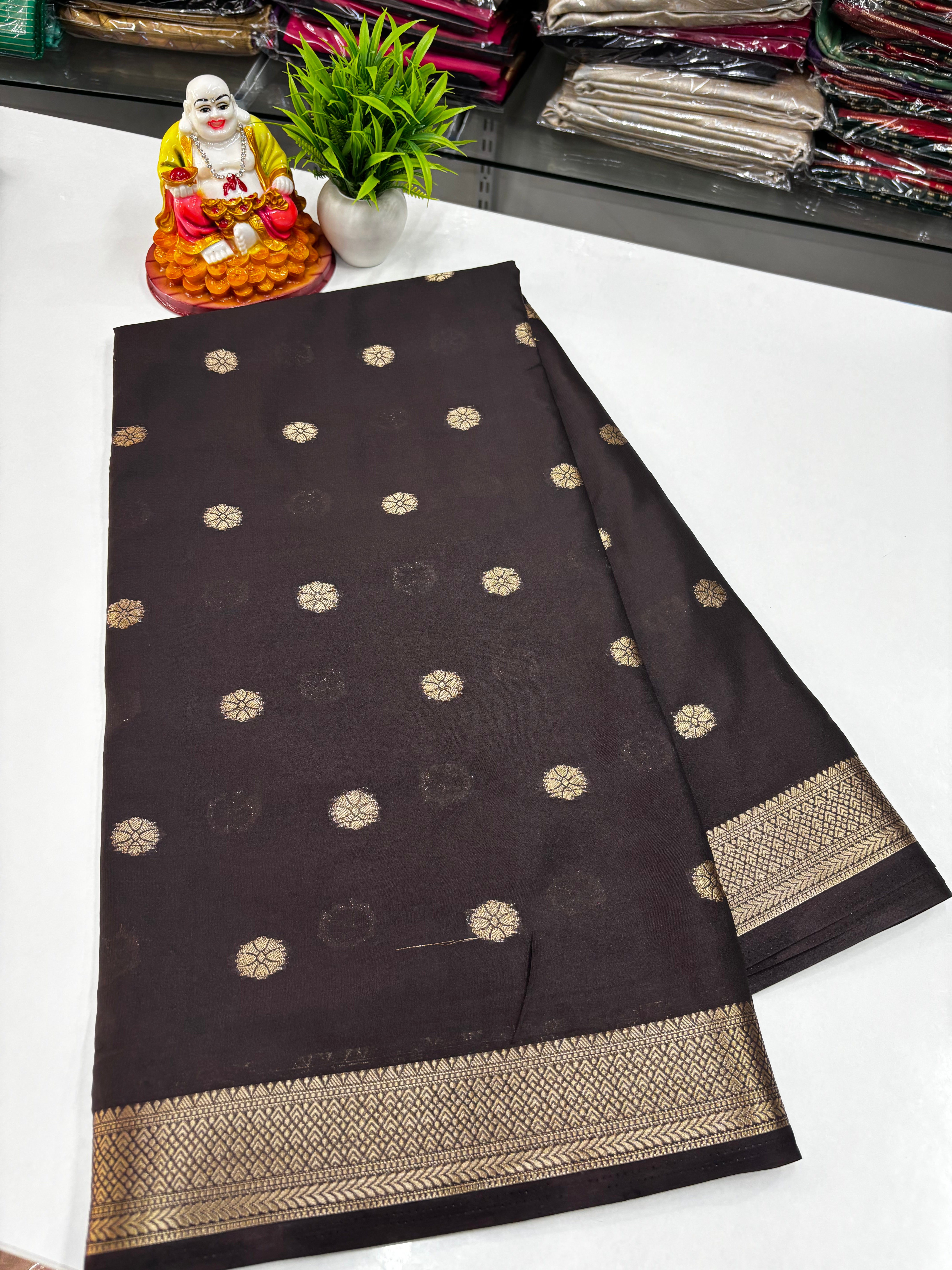 Mysore Crepe Silk Saree with Beautiful Flower Buttas – Padmavathi Silks & Sarees