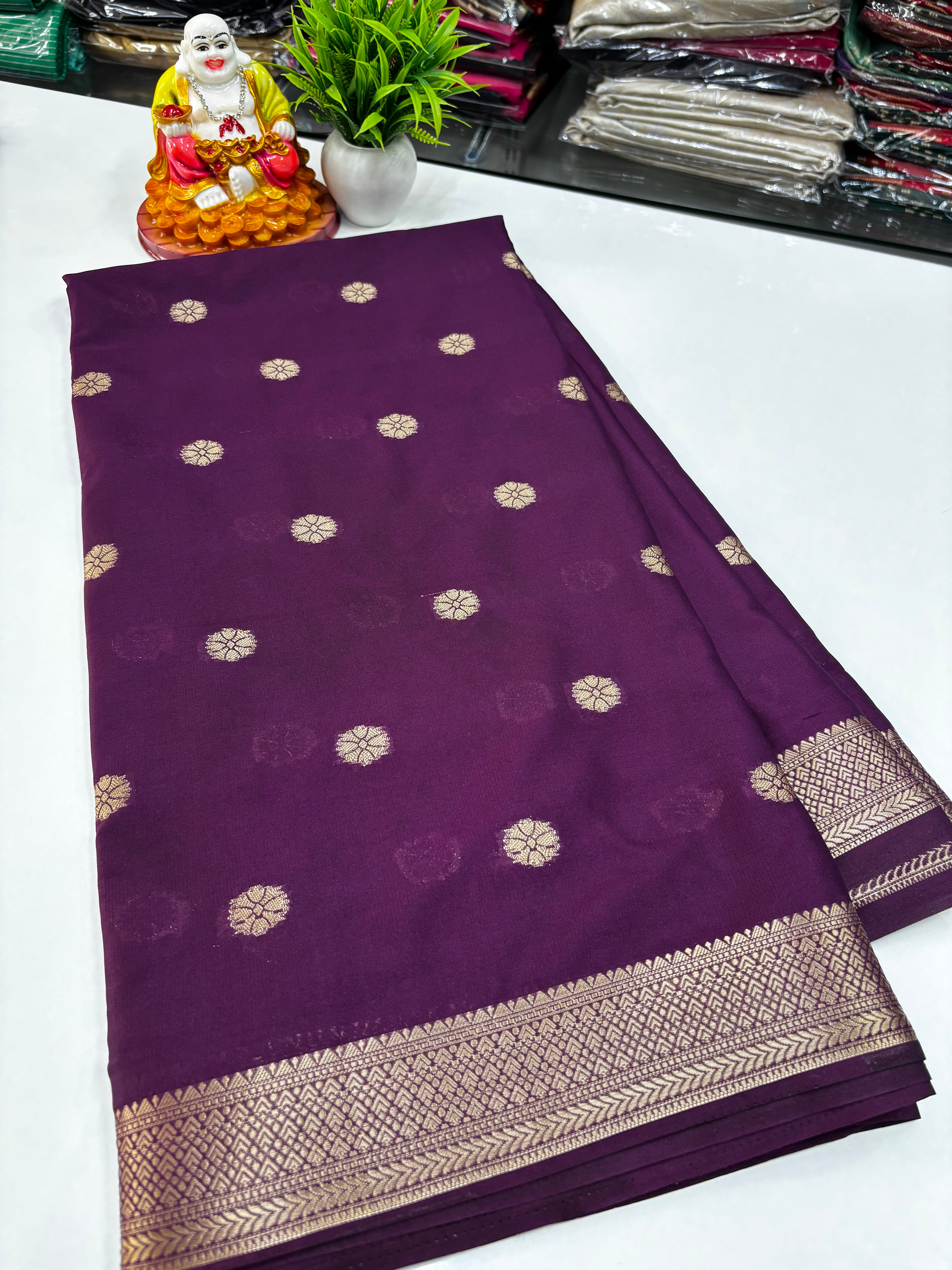 Mysore Crepe Silk Saree with Beautiful Flower Buttas – Padmavathi Silks & Sarees
