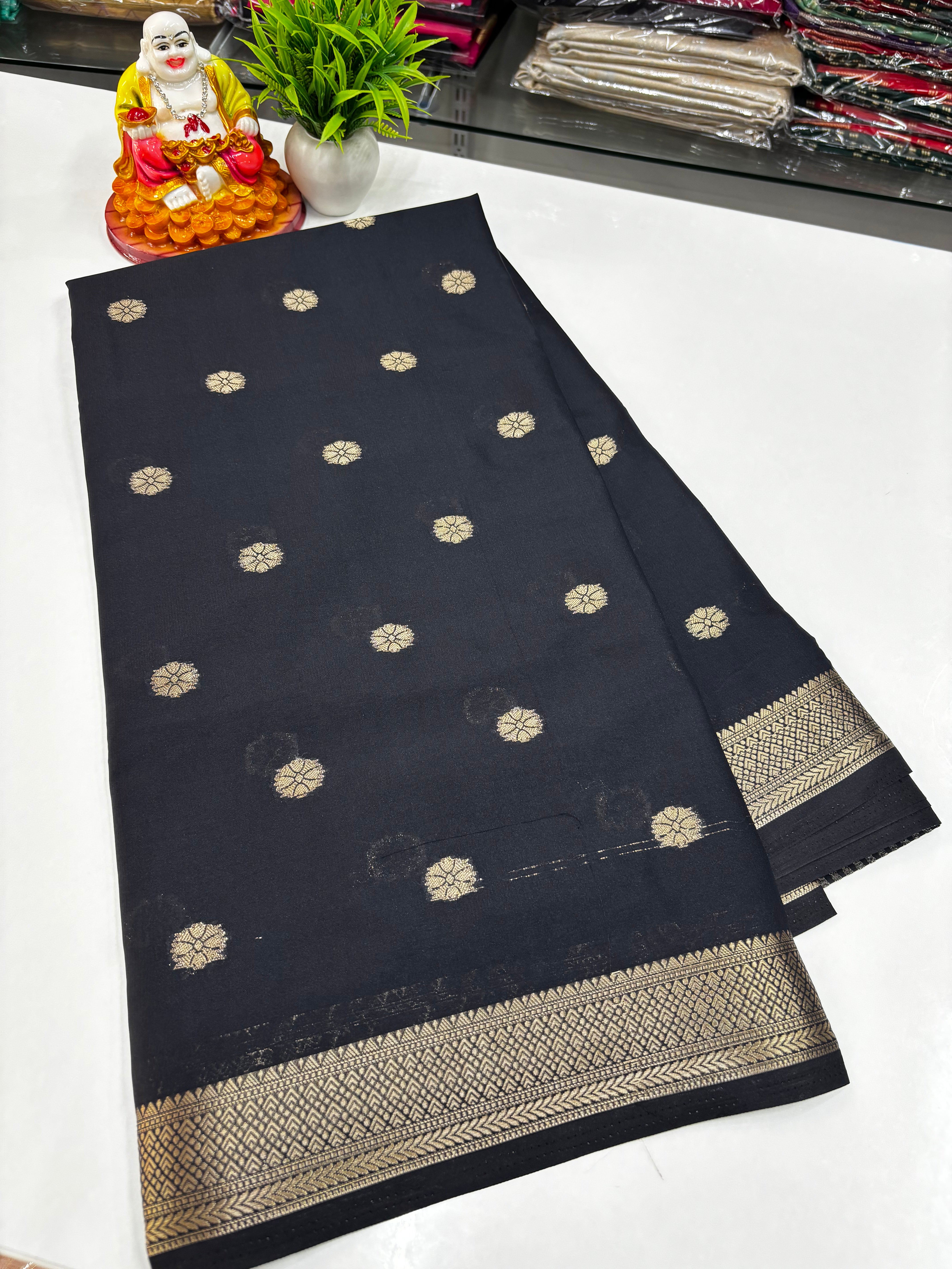 Mysore Crepe Silk Saree with Beautiful Flower Buttas – Padmavathi Silks & Sarees