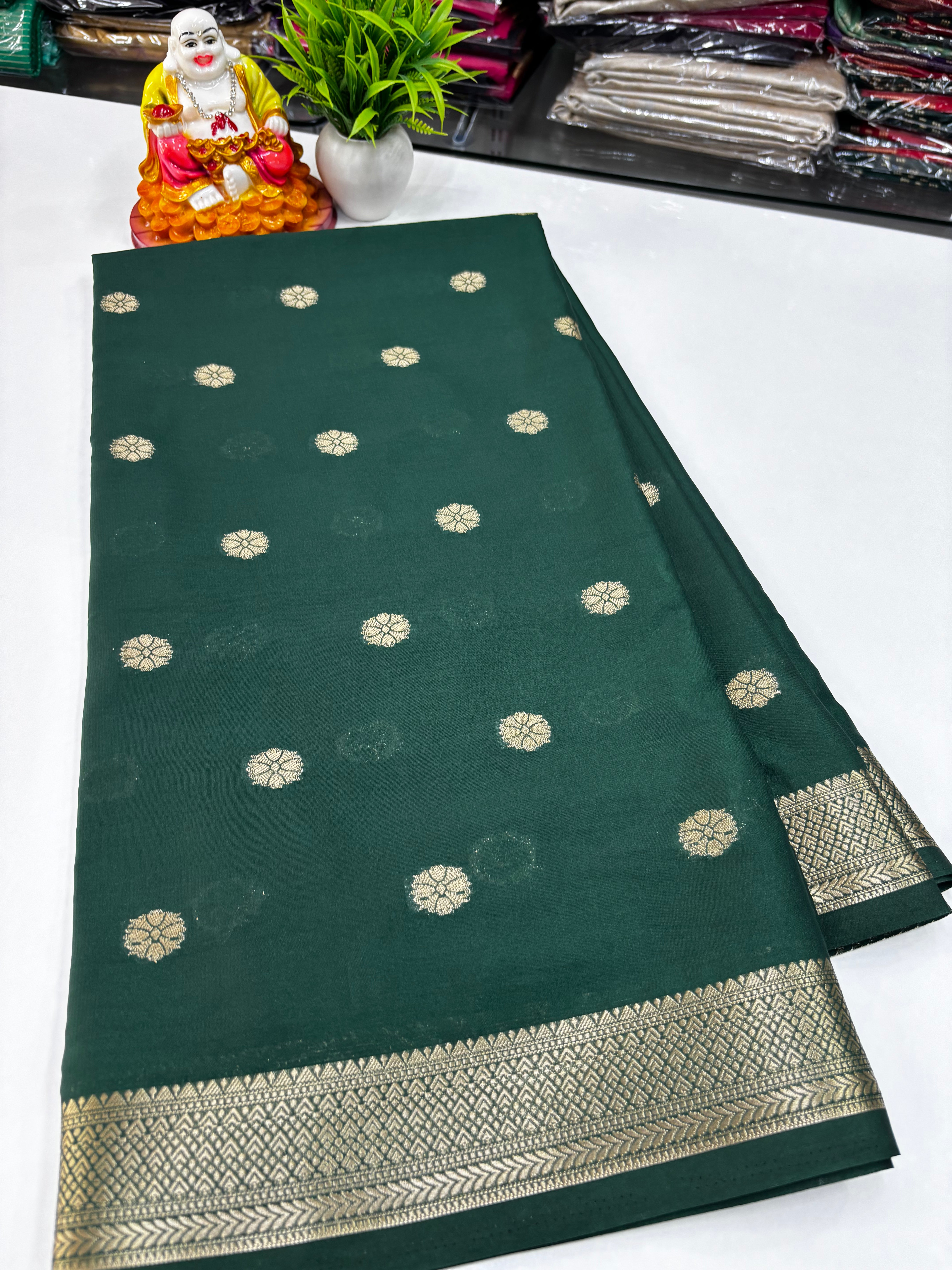 Mysore Crepe Silk Saree with Beautiful Flower Buttas – Padmavathi Silks & Sarees
