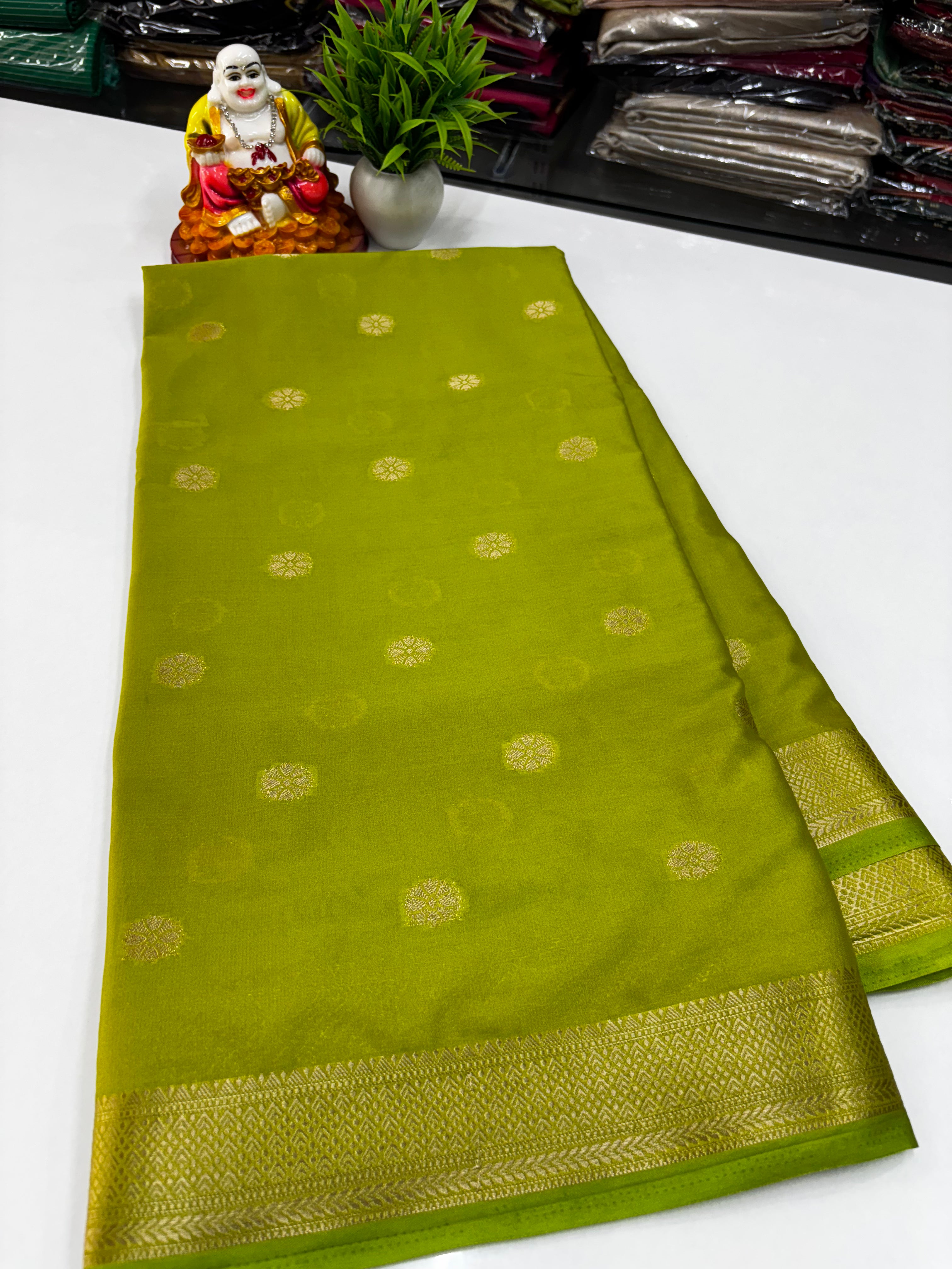 Mysore Crepe Silk Saree with Beautiful Flower Buttas – Padmavathi Silks & Sarees