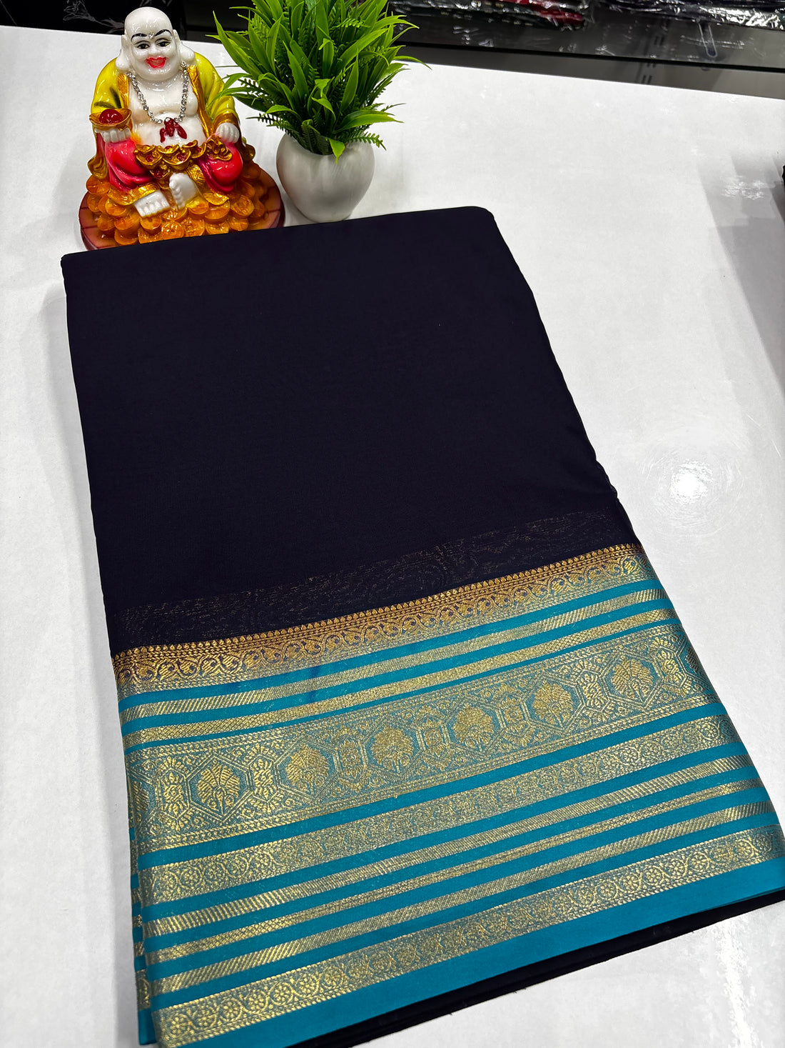 Mysore Crepe Silk Saree with Golden Zari Border – Padmavathi Silks &amp; Sarees