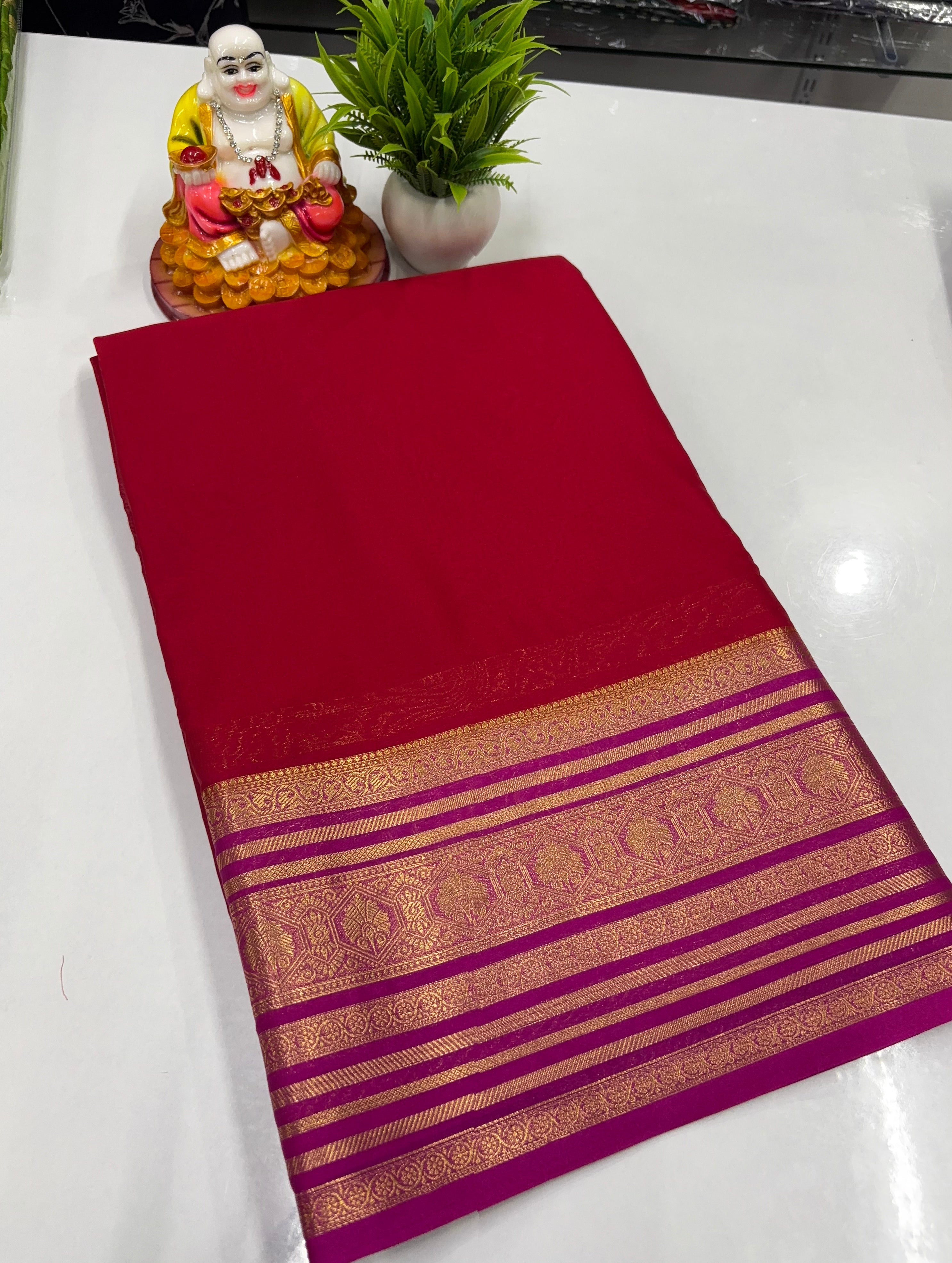 Mysore Crepe Silk Saree with Golden Zari Border – Padmavathi Silks &amp; Sarees