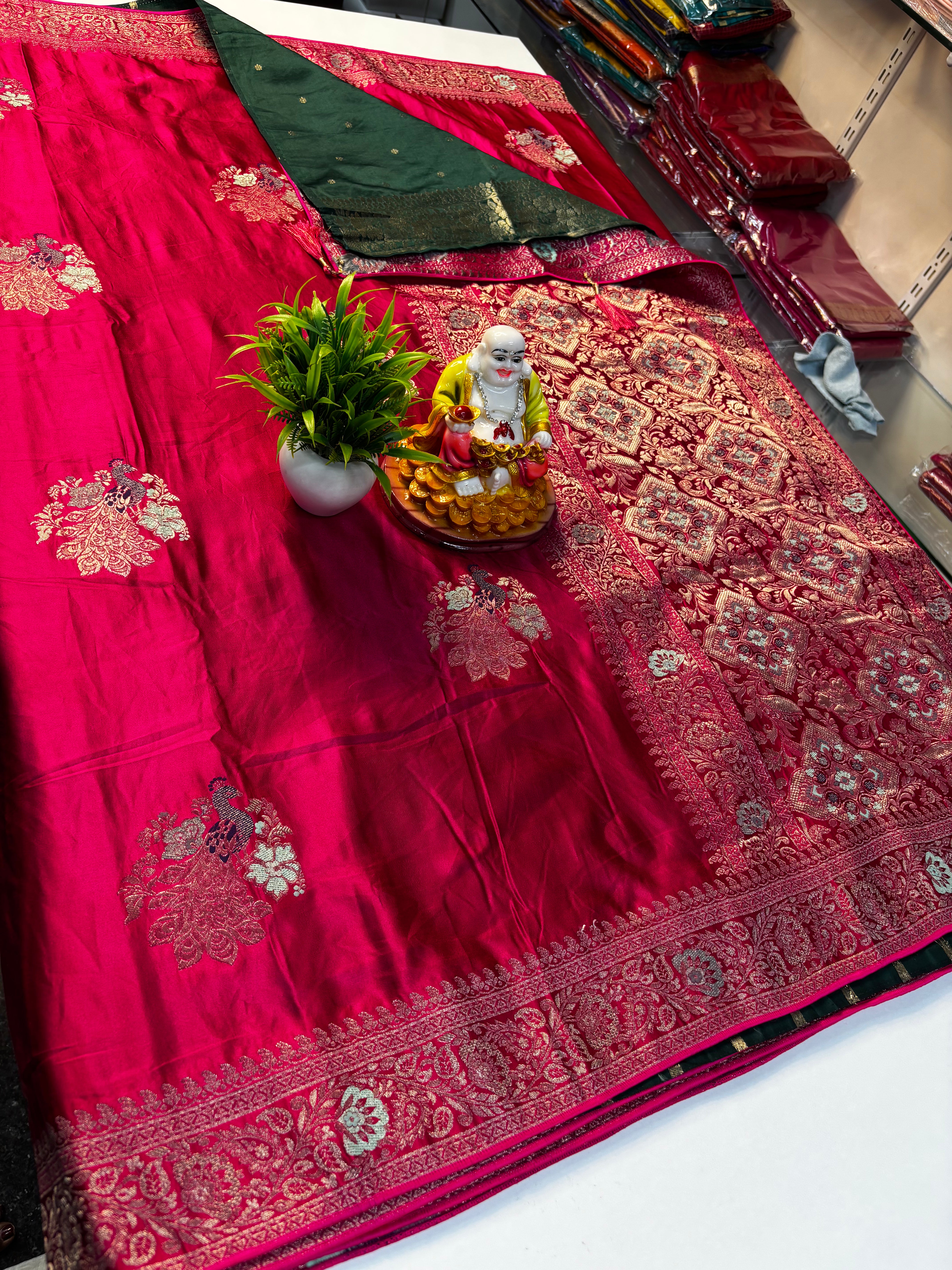 Premium Satin Saree with Elegant Peacock Design & Rich Pallu | Contrast Blouse |