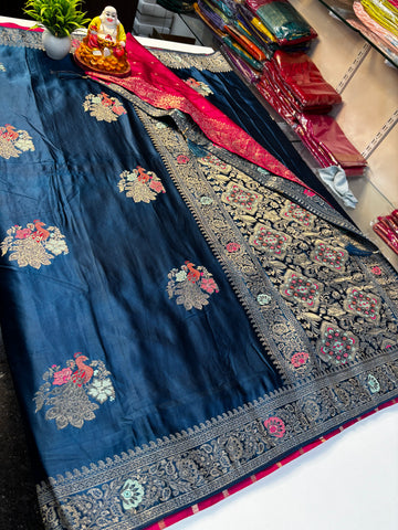 Premium Satin Saree with Elegant Peacock Design & Rich Pallu | Contrast Blouse |