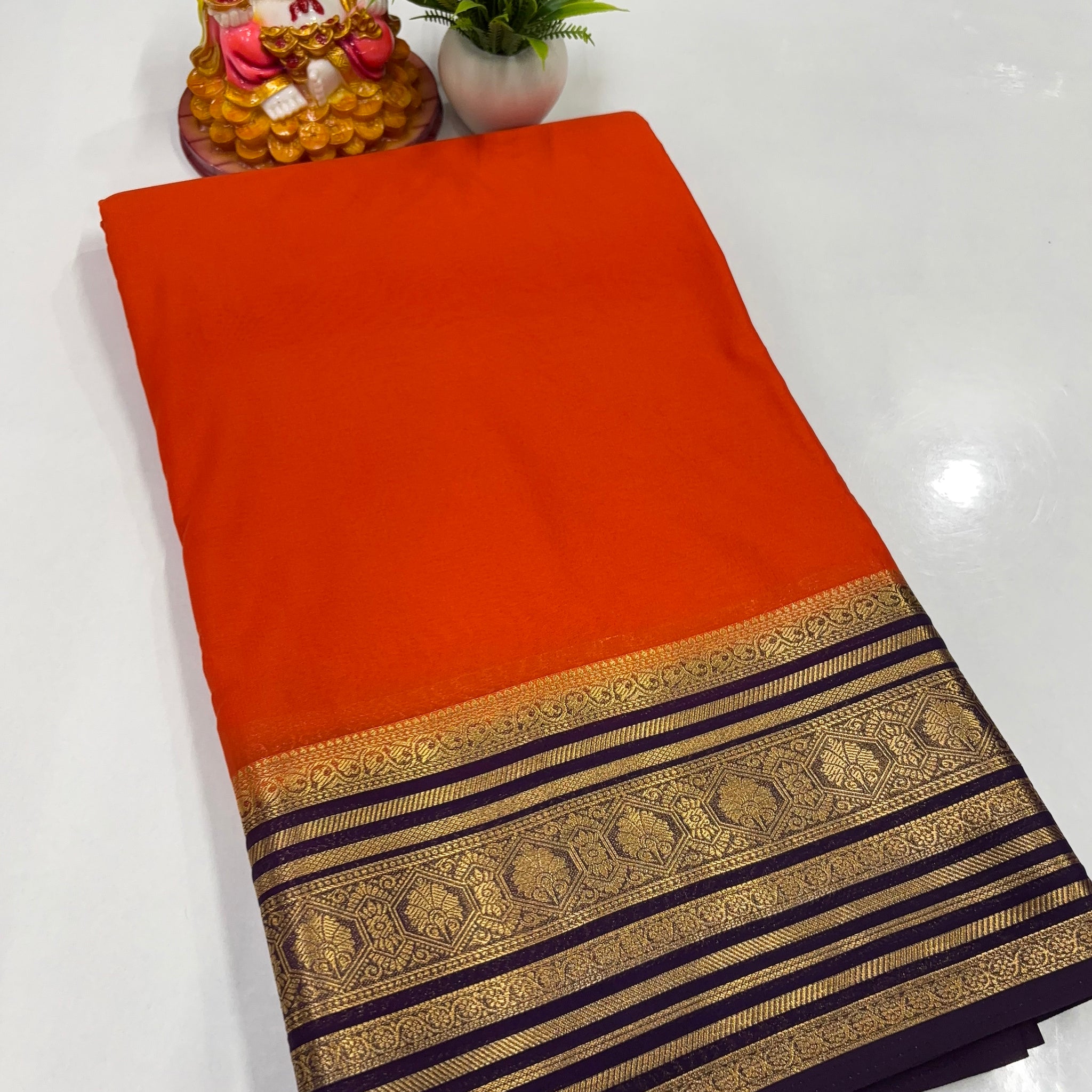 Mysore Crepe Silk Saree with Golden Zari Border – Padmavathi Silks &amp; Sarees