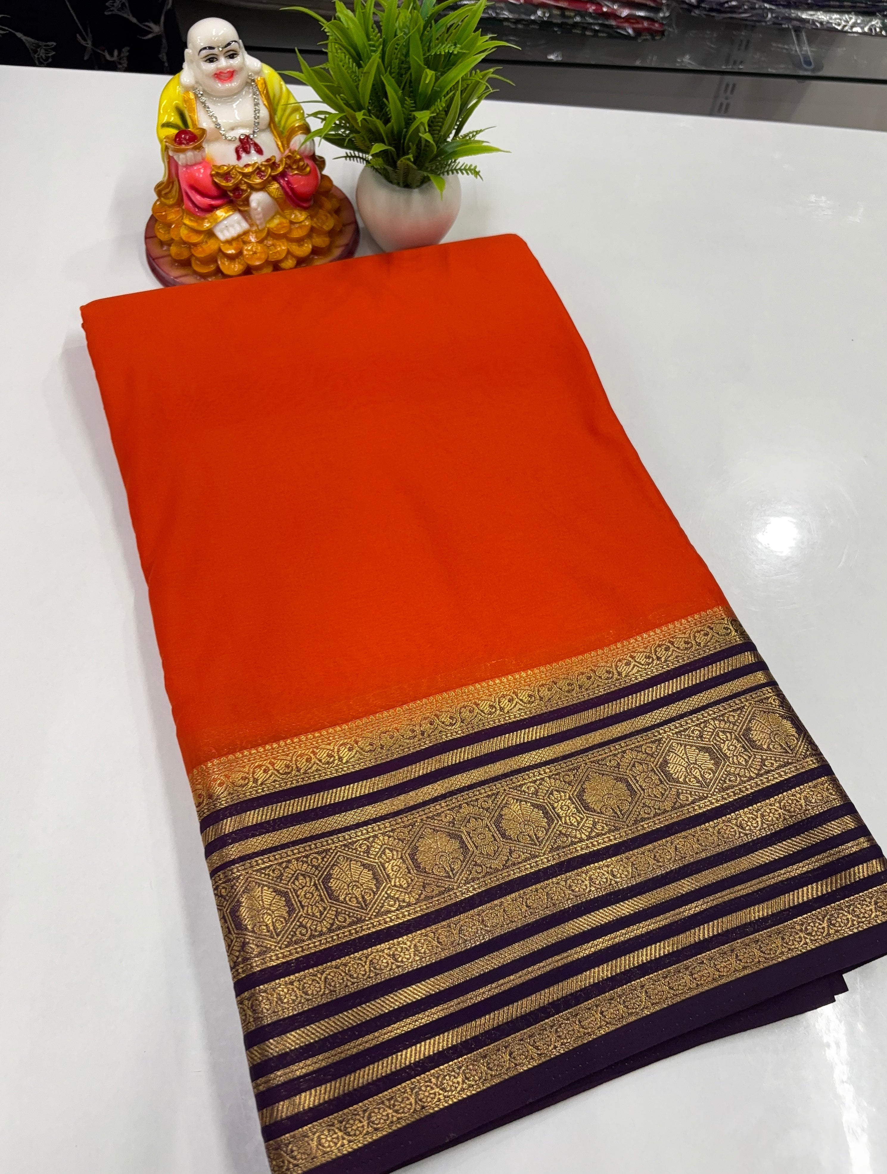 Mysore Crepe Silk Saree with Golden Zari Border – Padmavathi Silks &amp; Sarees