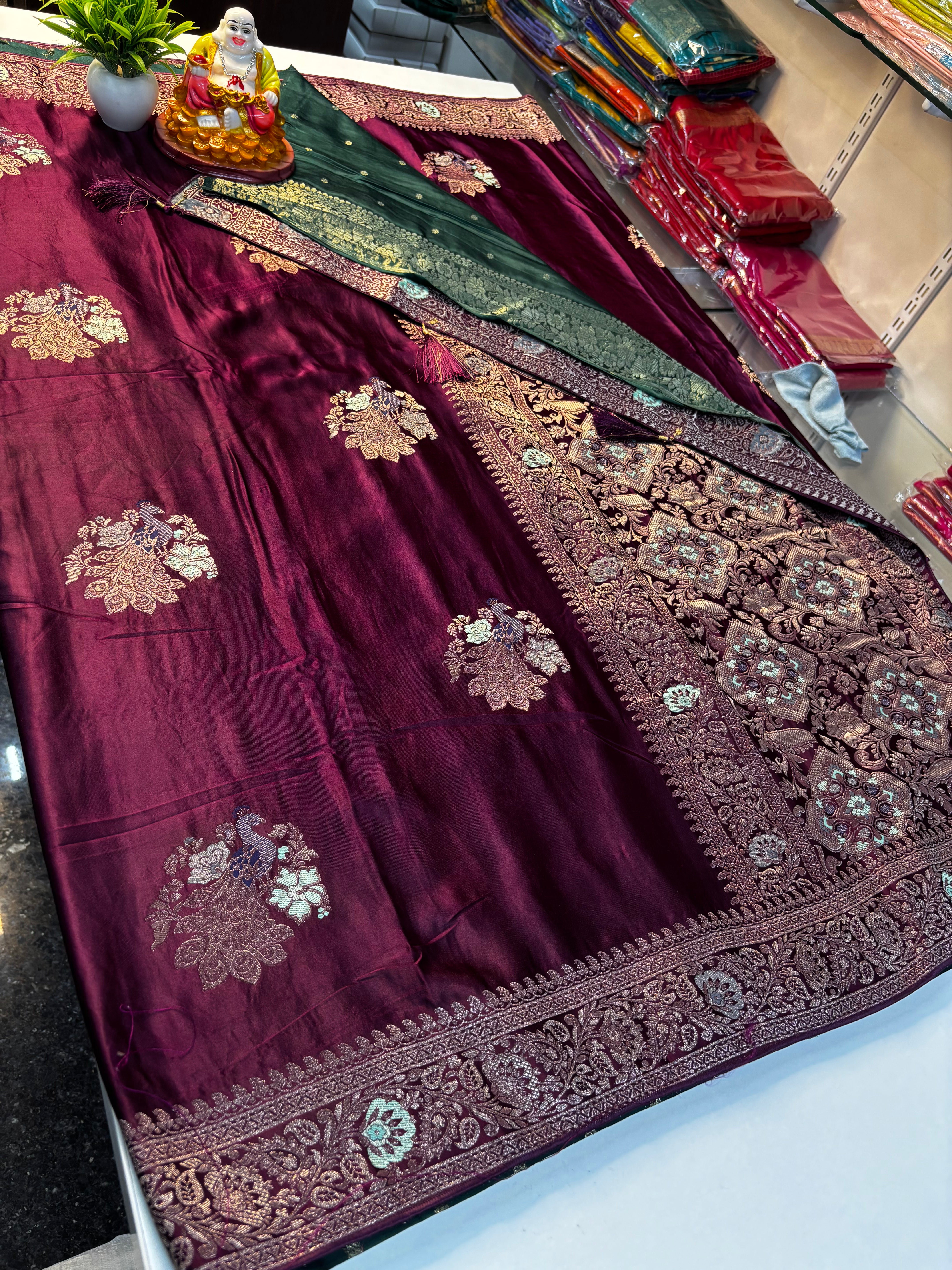 Premium Satin Saree with Elegant Peacock Design & Rich Pallu | Contrast Blouse |