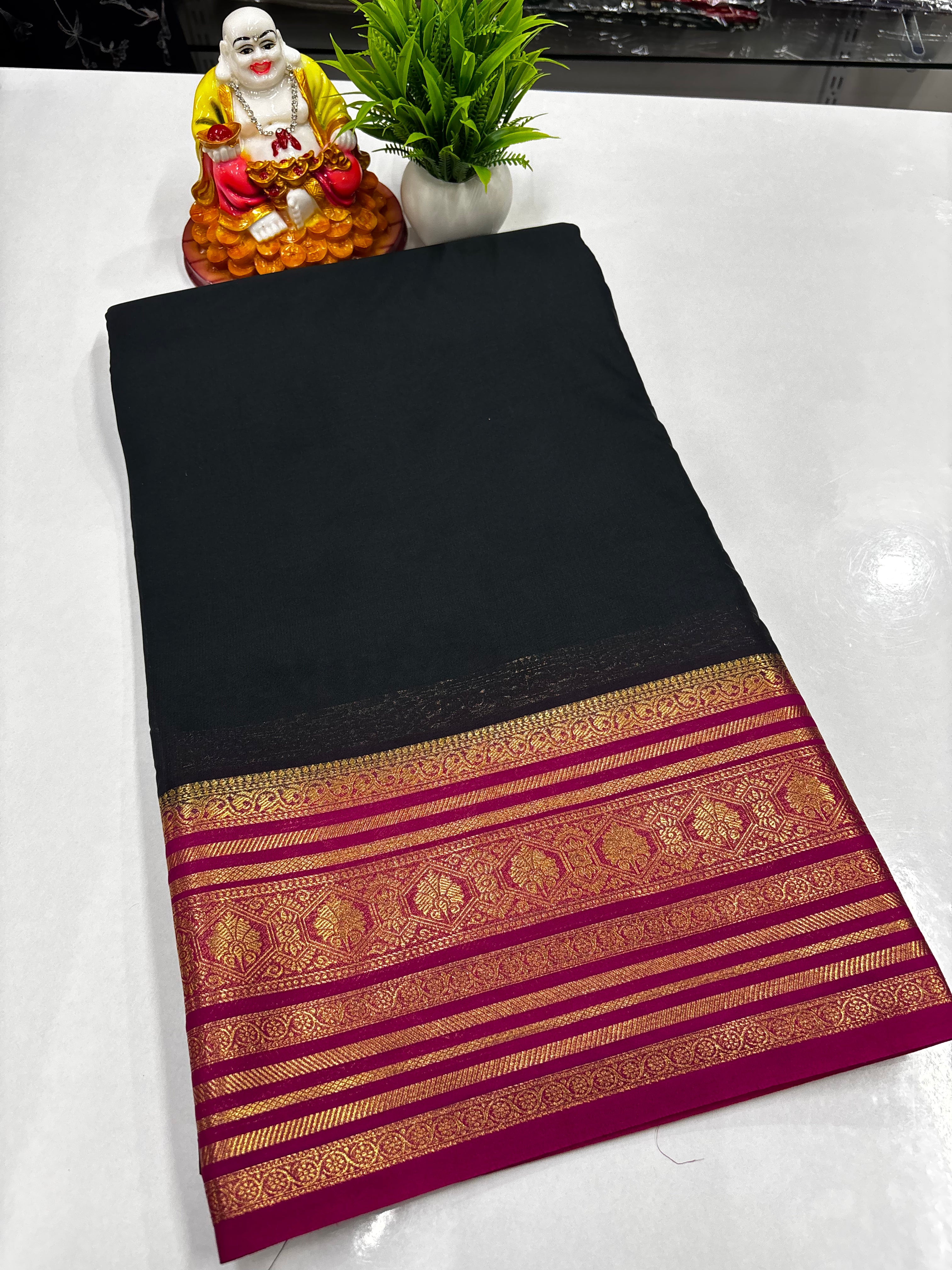 Mysore Crepe Silk Saree with Golden Zari Border – Padmavathi Silks &amp; Sarees