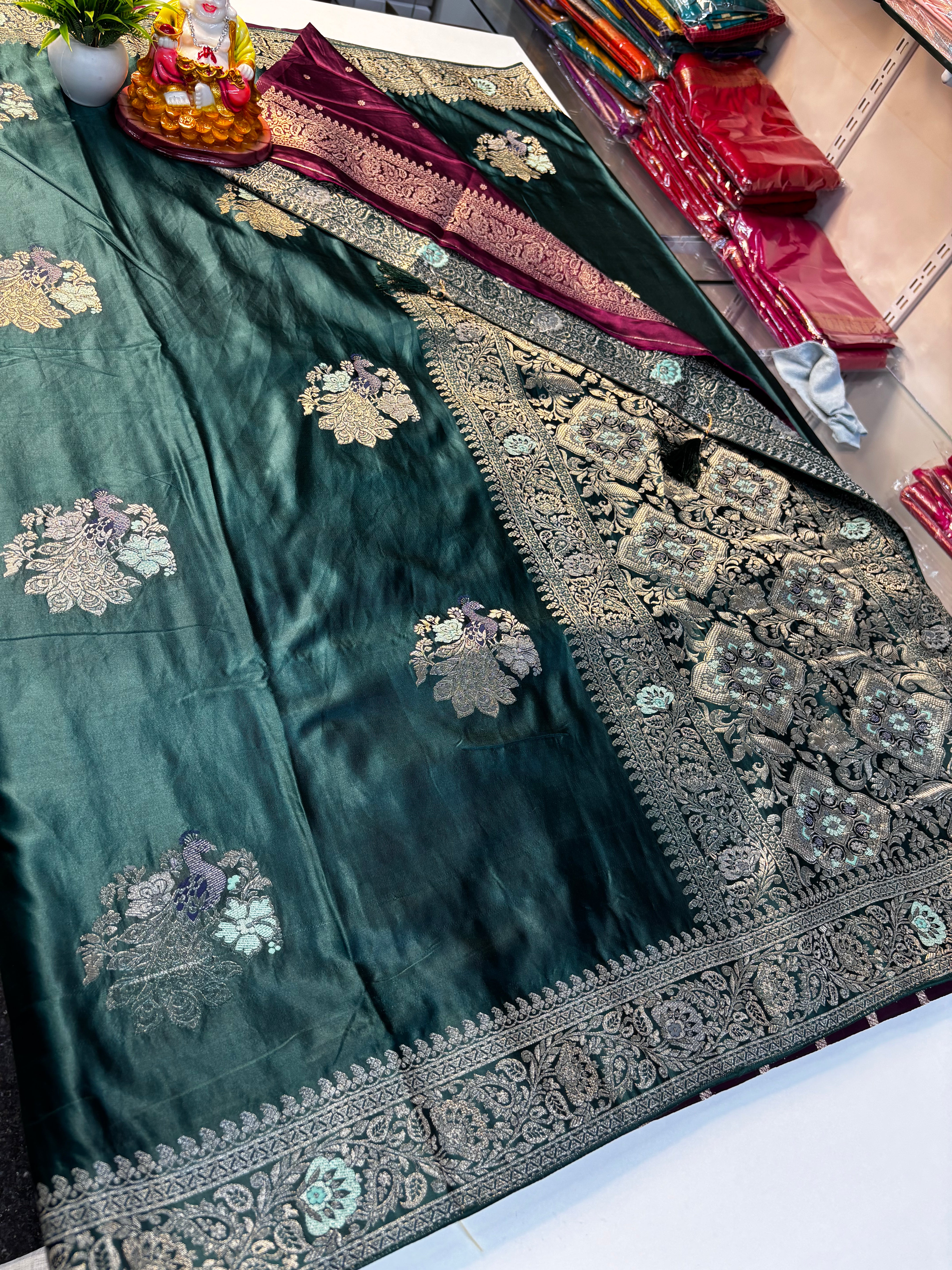 Premium Satin Saree with Elegant Peacock Design & Rich Pallu | Contrast Blouse |