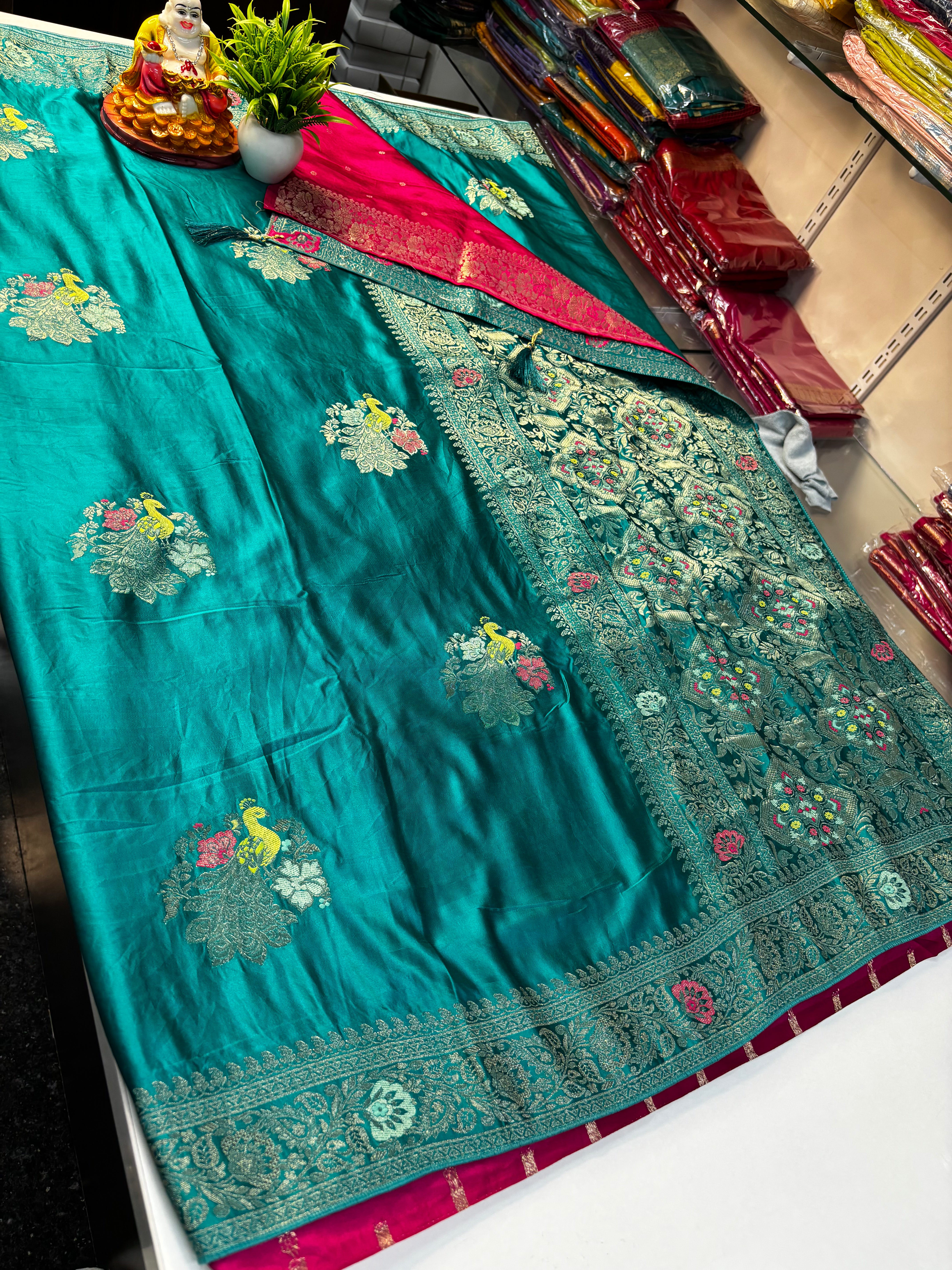 Premium Satin Saree with Elegant Peacock Design & Rich Pallu | Contrast Blouse |