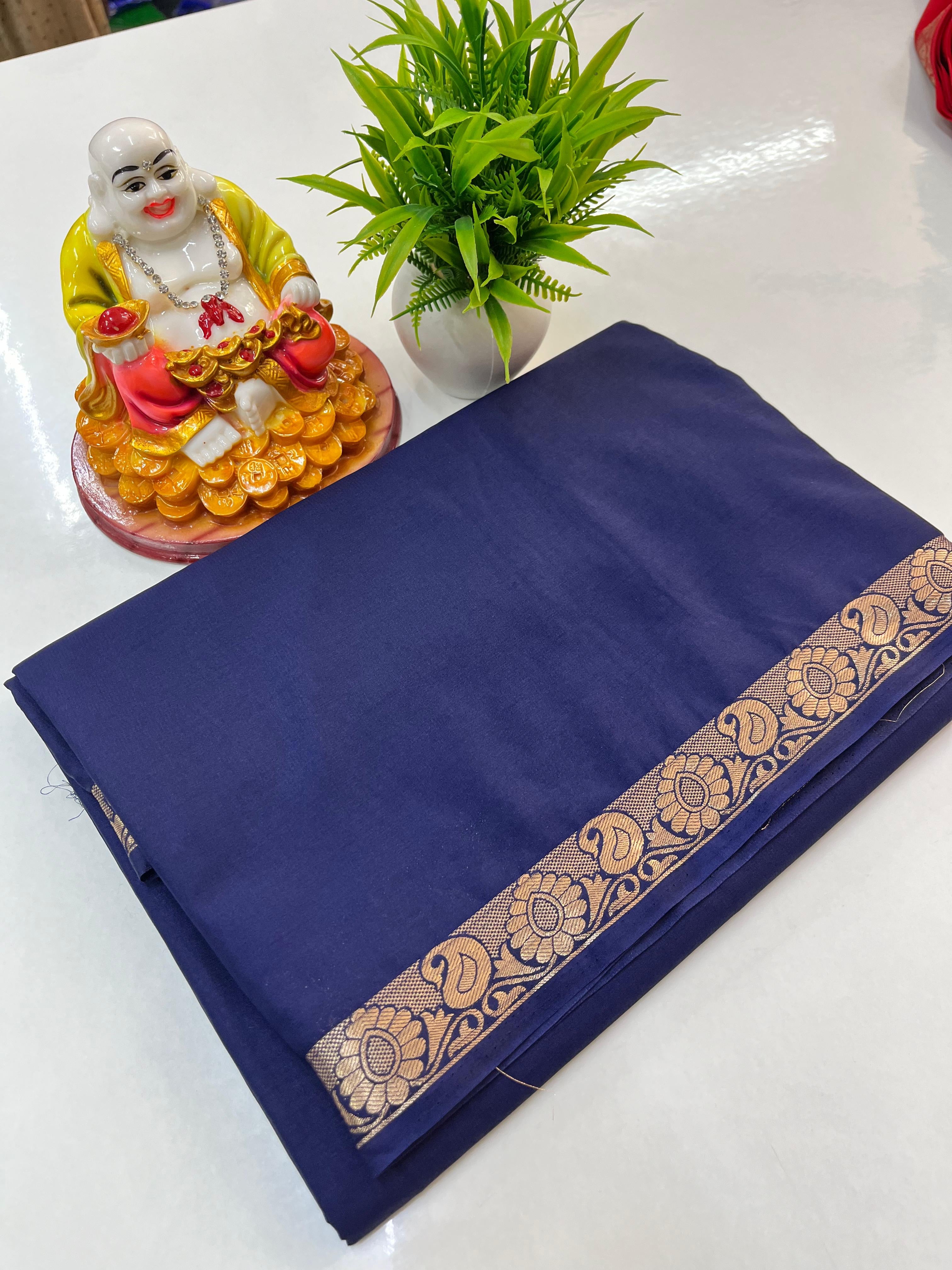 Crape Mysore Silk Saree with Beautiful Small Mango Border – Padmavathi Silks & Sarees